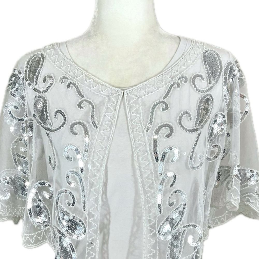 Vintage Capelet Sheer Beaded White Mesh Silver Sequins Elegant One Size